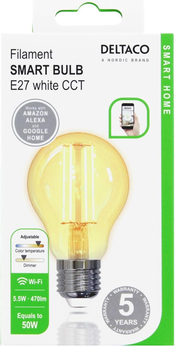 Žarulja LED smart Deltaco, E27, A60, 5.5W, 1800K-6500K, ravna, filament